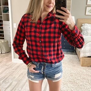 J. Crew Factory Perfect Fit Navy Red Buffalo Check Button Flannel Shirt Size S